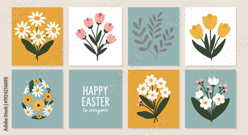 A collection of floral illustrations featuring daisies, tulips, and decorative Easter elements in a modern flat vector style, ideal for greeting cards and spring decorations
