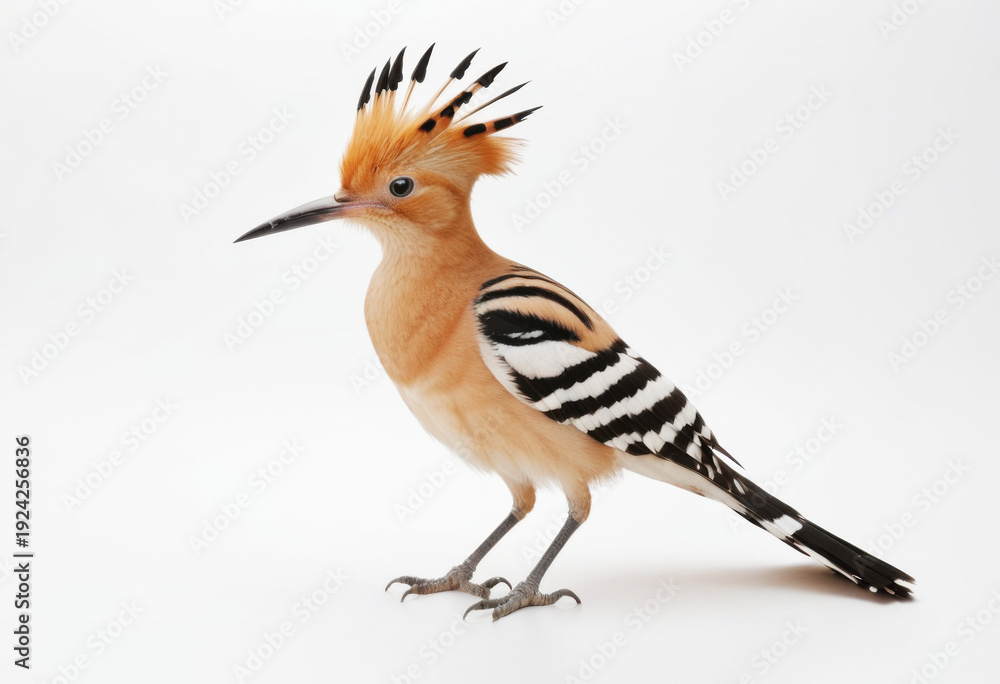 Fototapeta premium Common Hoopoe, side view, with black and white striped wings and spectacular fan-like crest, white background