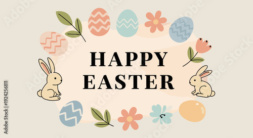 A festive Easter illustration featuring bunnies, decorated eggs, and flowers in a colorful vector style, ideal for greeting cards and seasonal decorations