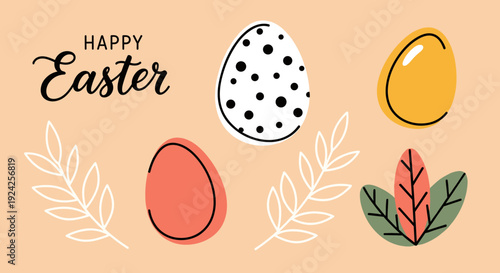 A collection of colorful Easter eggs with leaves in modern flat vector style, perfect for spring holiday designs