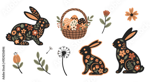 A charming set of floral rabbits and a basket filled with flowers in colorful vector style, perfect for spring-themed designs