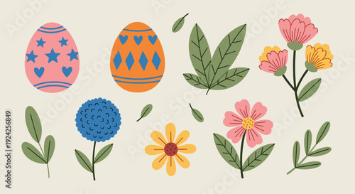 A collection of colorful Easter eggs and spring flowers in a modern flat vector style, ideal for holiday designs and seasonal decorations