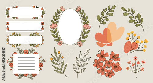A collection of floral decorative elements including frames, wreaths, and flowers in modern vector style, suitable for invitations and greeting cards