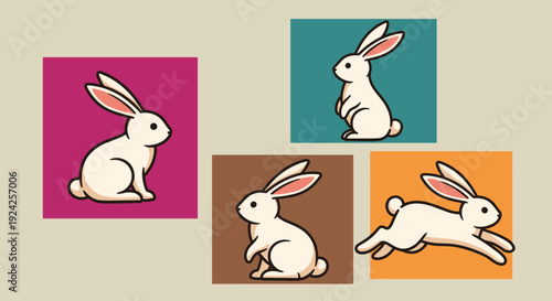 A collection of cute cartoon rabbits in colorful flat vector style, ideal for children's products and Easter themes