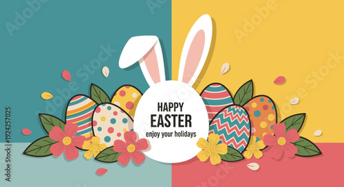 A cheerful Easter illustration featuring decorated eggs, flowers, and bunny ears in a colorful flat vector style, perfect for holiday greetings