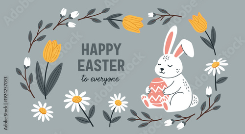 A cute bunny holding an Easter egg surrounded by flowers in a whimsical vector style, perfect for greeting cards and seasonal decorations