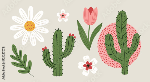 A collection of colorful floral and cactus illustrations in modern vector style, suitable for nature-themed designs and decor