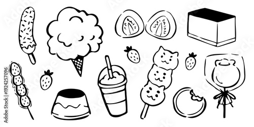 Vector illustrations of Japanese sweets. Hand-drawn illustrations