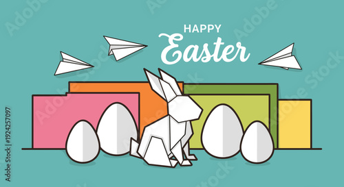 A festive Easter illustration featuring colorful eggs and origami rabbits with paper airplanes in a flat modern vector style, perfect for greeting cards and spring celebrations