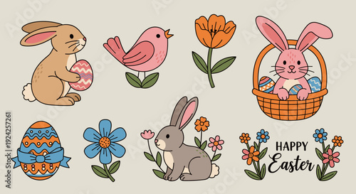 A collection of Easter-themed illustrations featuring a rabbit, an egg, a bird, flowers, and a basket in colorful cartoon style, perfect for holiday decorations and greetings