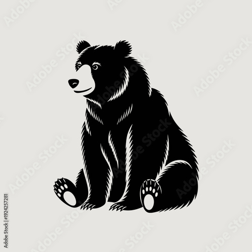 A minimalist black and white illustration of a sitting black bear isolated on white background, Vector, illustration