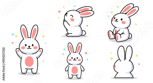 A set of cute bunny illustrations in colorful flat vector style, ideal for children's products and playful designs