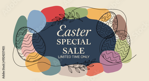 A colorful Easter sale banner featuring abstract egg shapes and elegant text in modern vector style, perfect for promotional campaigns
