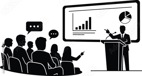 Business presentation silhouette with speaker explaining financial charts to audience representing corporate meeting data analysis professional seminar communication strategy and  concept illustration