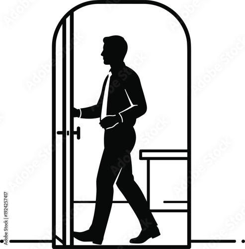 Businessman silhouette opening office door and entering workplace representing professional career movement corporate opportunity daily office routine leadership and modern 