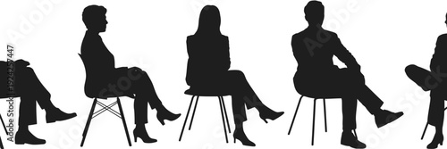 Silhouettes of three individuals engaged in a quiet conversation while seated. isolated on white background, Vector, illustration
