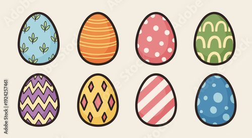 A collection of colorful decorated Easter eggs in playful vector style, perfect for spring holiday designs and celebrations