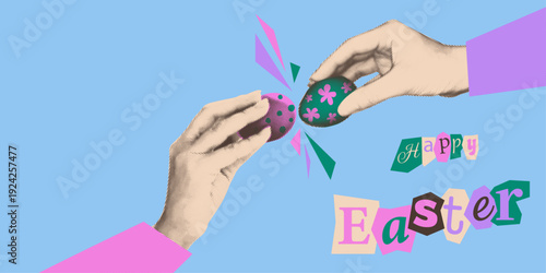 Happy Easter Halftone Collage Banner. Retro Hands Tapping Decorated Eggs. Trendy Mixed Media Vector Illustration.