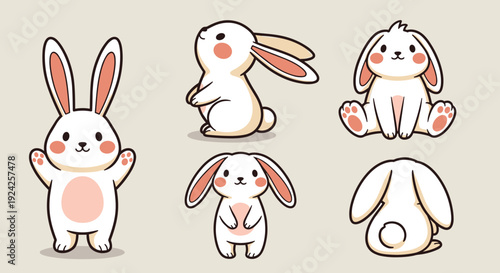 A collection of cute cartoon rabbits in various poses and expressions in flat vector style, ideal for children's products and design