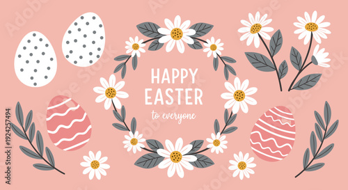 A Happy Easter greeting illustration featuring colorful eggs and floral elements in a modern vector style, ideal for seasonal cards and decorations