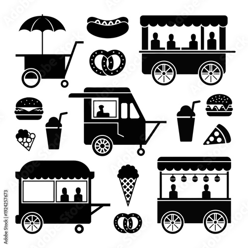 Vintage food trucks and street food carts in black and white illustration style isolated on white background, Vector, illustration