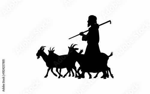 Silhouette of a herder guiding three goats across a plain isolated on white background, Vector, illustration