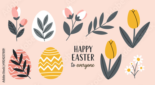 A collection of Easter-themed elements including colorful eggs and flowers in modern vector style, perfect for greeting cards and seasonal designs