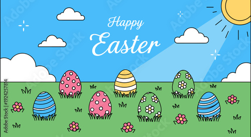 A colorful Easter scene with decorated eggs in a green field under a blue sky with a bright sun, ideal for holiday greetings or festive decorations