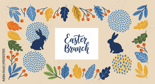 A festive Easter brunch design featuring bunnies, colorful leaves, and decorative circles in a cheerful vector style, perfect for invitations or event decor
