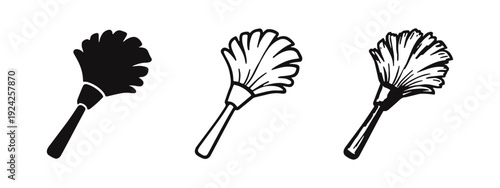 Duster icons set. Cleaning equipment symbols in solid, outline, and doodle styles.