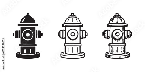 Fire hydrant icon set showing silhouette, outline, and distressed hand-drawn styles for city and safety themes.