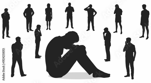 A lone individual sitting amidst a crowd of standing figures in silhouette isolated on white background, Vector, illustration