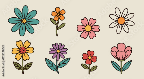 A collection of eight colorful flower illustrations in a playful hand-drawn vector style, perfect for floral designs and decorations