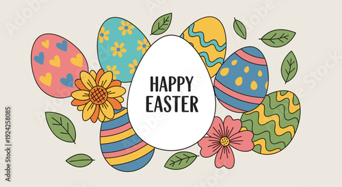 A collection of colorful Easter eggs surrounded by flowers and leaves in cheerful vector style, ideal for holiday greetings and decorations