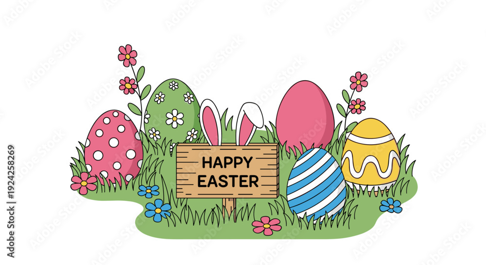 Fototapeta premium A cheerful illustration of colorful Easter eggs, flowers, and a bunny behind a 'Happy Easter' sign in a playful vector style, perfect for seasonal greeting cards
