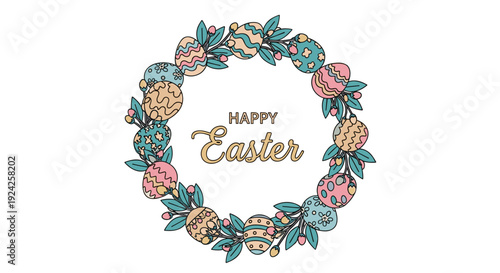 A colorful Easter wreath with decorated eggs and leaves in a playful hand-drawn vector style, perfect for holiday greetings and decorations