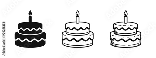 Set of Birthday Cakes with Burning Candles in Solid, Line Art, and Sketch Styles