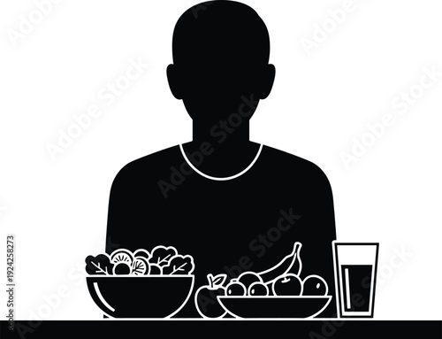 Healthy eating lifestyle silhouette with person sitting at table with fruits vegetables and juice representing balanced diet nutrition wellness and clean food habit concept