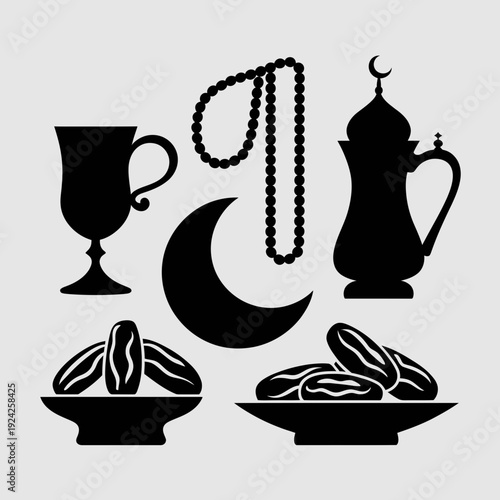 Vintage illustration of traditional middle eastern hospitality items and drinks isolated on white background, Vector, illustration