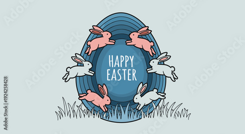 A colorful Easter egg design featuring playful bunnies in a whimsical vector style, perfect for holiday celebrations and decorations