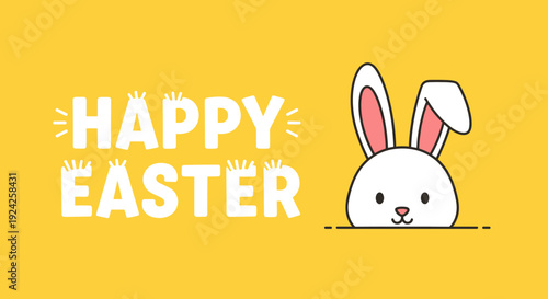 A cute cartoon bunny peeking with a cheerful 'Happy Easter' text in bright yellow vector style, perfect for holiday greetings or decorations