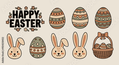 A collection of Easter bunnies, eggs, and a basket in a colorful cartoon style, perfect for festive decorations and greeting cards