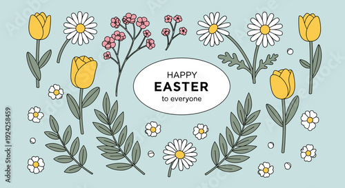 A cheerful Easter greeting illustration featuring various flowers and tulips in a minimalist vector style, perfect for holiday cards and decorations