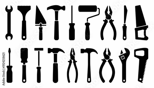Assorted vintage-style hand tools displayed in a linear arrangement isolated on white background, Vector, illustration