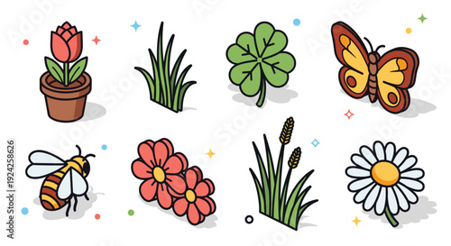 A collection of colorful floral and nature icons including a bee, flowers, grass, a clover, and a butterfly in cartoon vector style, ideal for spring-themed designs