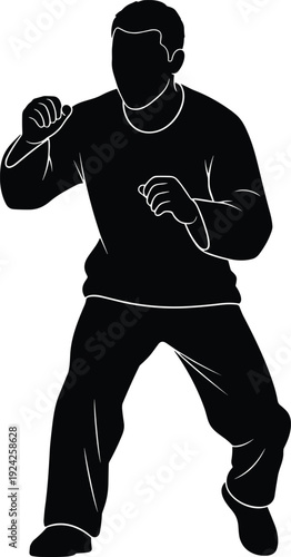 Man silhouette in fighting stance representing self defense training martial arts practice combat sport fitness activity strength discipline and personal protection concept illustration