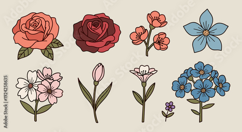 A collection of various floral designs including roses, daisies, and blue flowers in a modern vector style, perfect for invitations and decorations