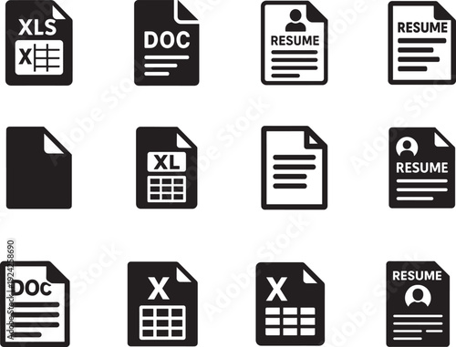 Set of 12 file icons with excel, document, resume formats, simple clean vector illustration .