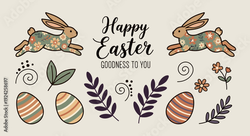 A festive Easter illustration featuring playful rabbits, decorated eggs, and floral designs in a charming and colorful vector style, ideal for greeting cards and holiday decorations