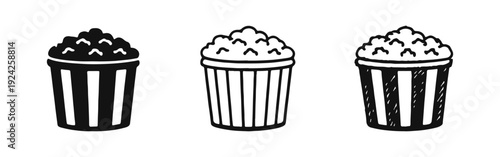 Popcorn Bucket Icon Set. Cinema Snack, Movie Night, and Entertainment Vector Illustration.